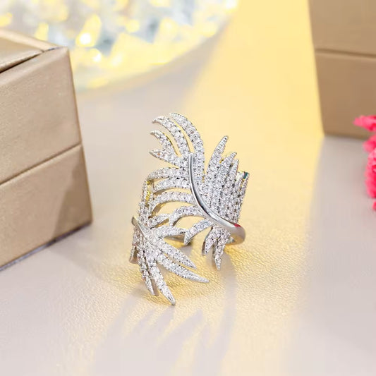 Pave lab-created Diamond Leaf Cocktail Ring (Adjustable)