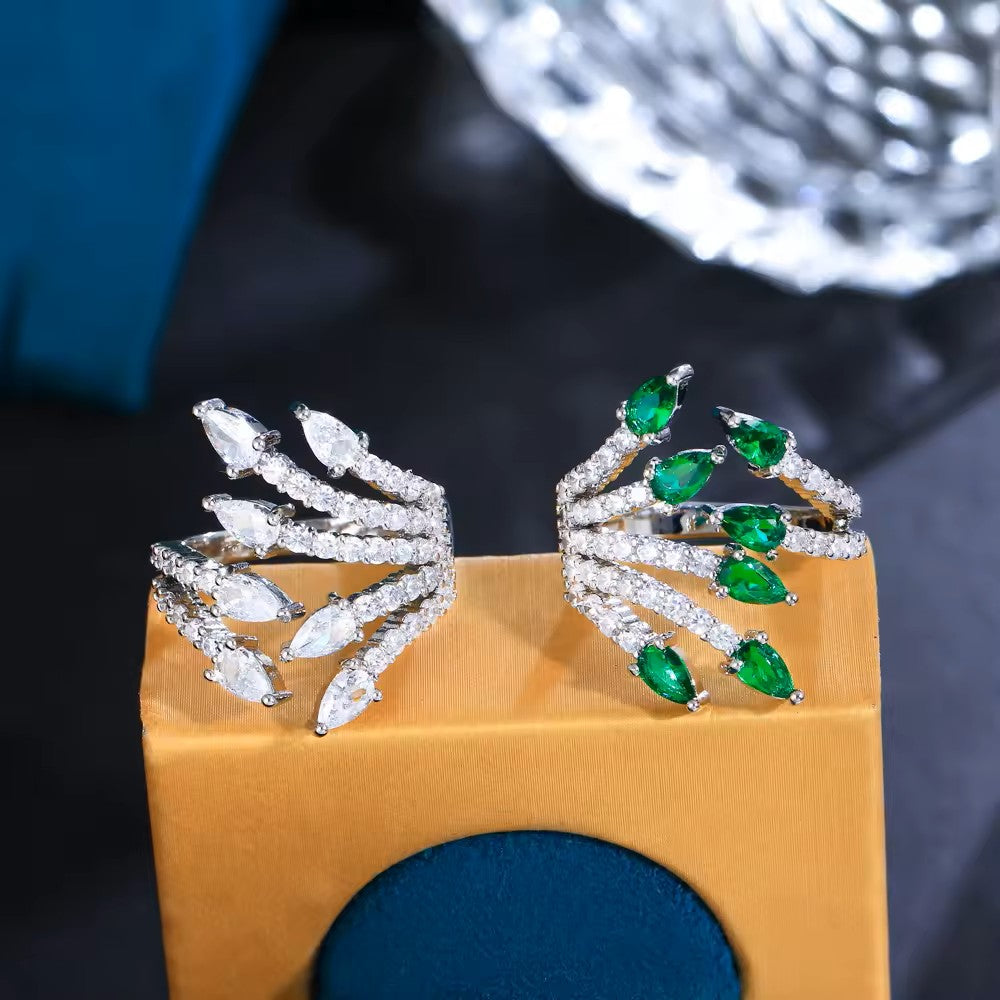 Green or Clear Teardrop and Diamond Pave Leaf Ring (Adjustable)
