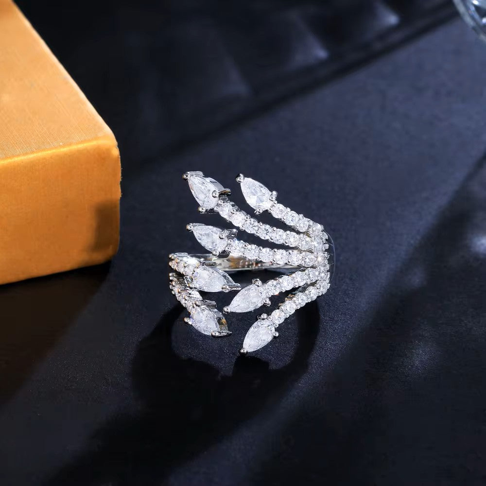 Green or Clear Teardrop and Diamond Pave Leaf Ring (Adjustable)