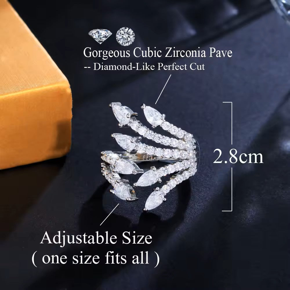 Green or Clear Teardrop and Diamond Pave Leaf Ring (Adjustable)