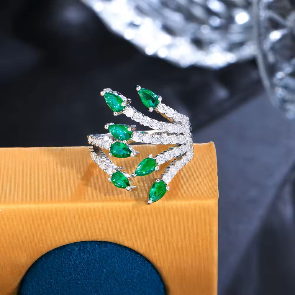 Green or Clear Teardrop and Diamond Pave Leaf Ring (Adjustable)