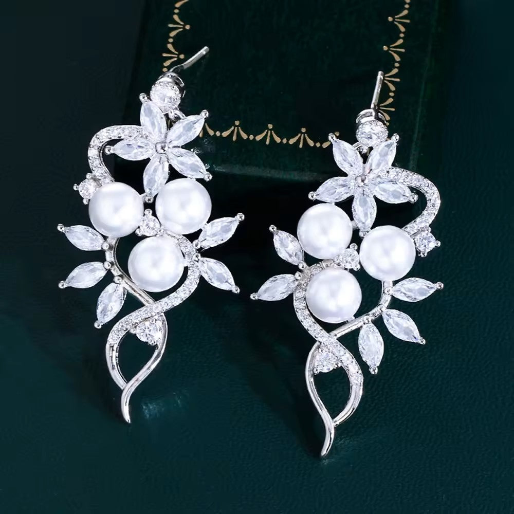 Round Pearl and Marquise Diamond (lab-created) Flower Trellis Earrings