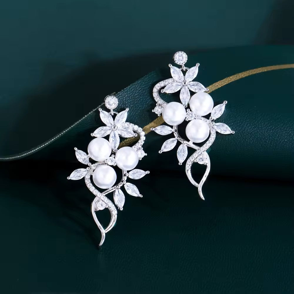 Round Pearl and Marquise Diamond (lab-created) Flower Trellis Earrings