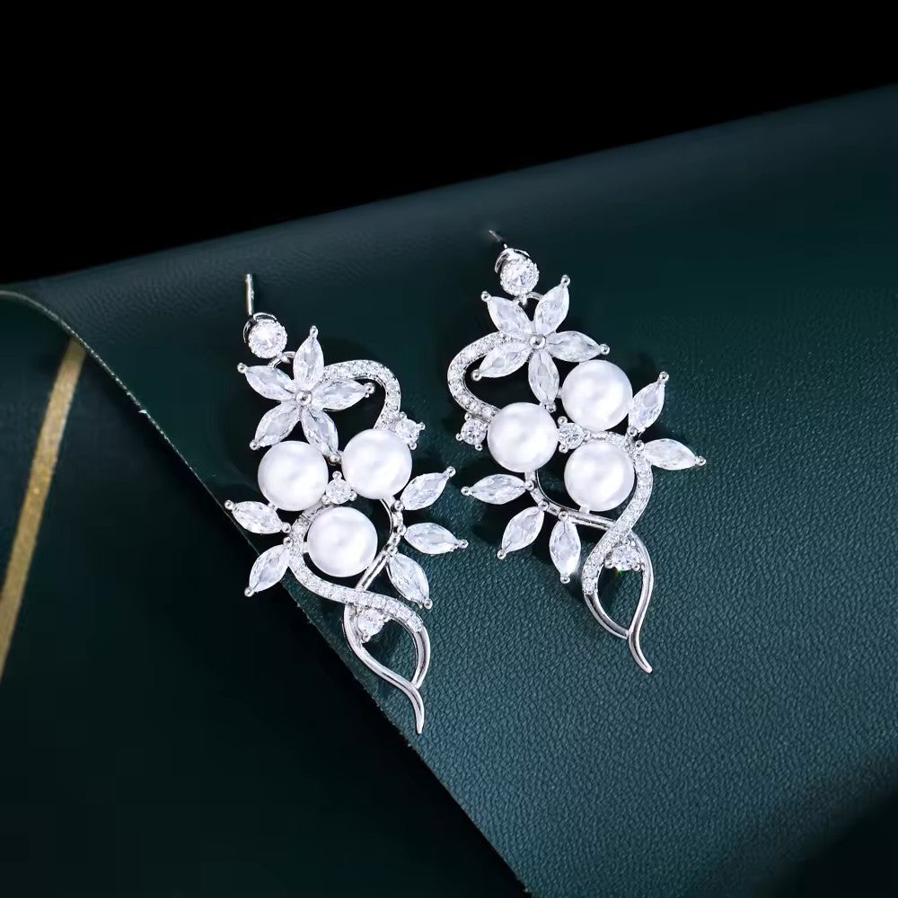 Round Pearl and Marquise Diamond (lab-created) Flower Trellis Earrings