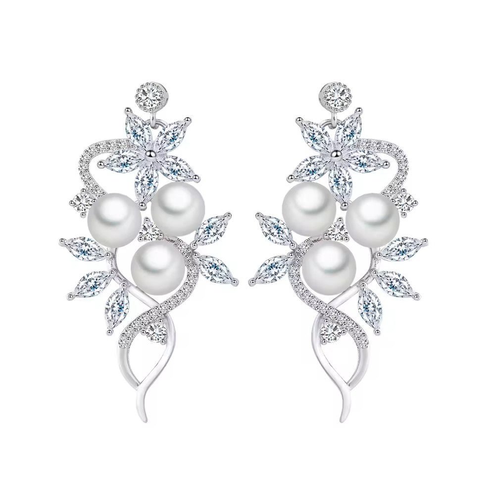 Round Pearl and Marquise Diamond (lab-created) Flower Trellis Earrings