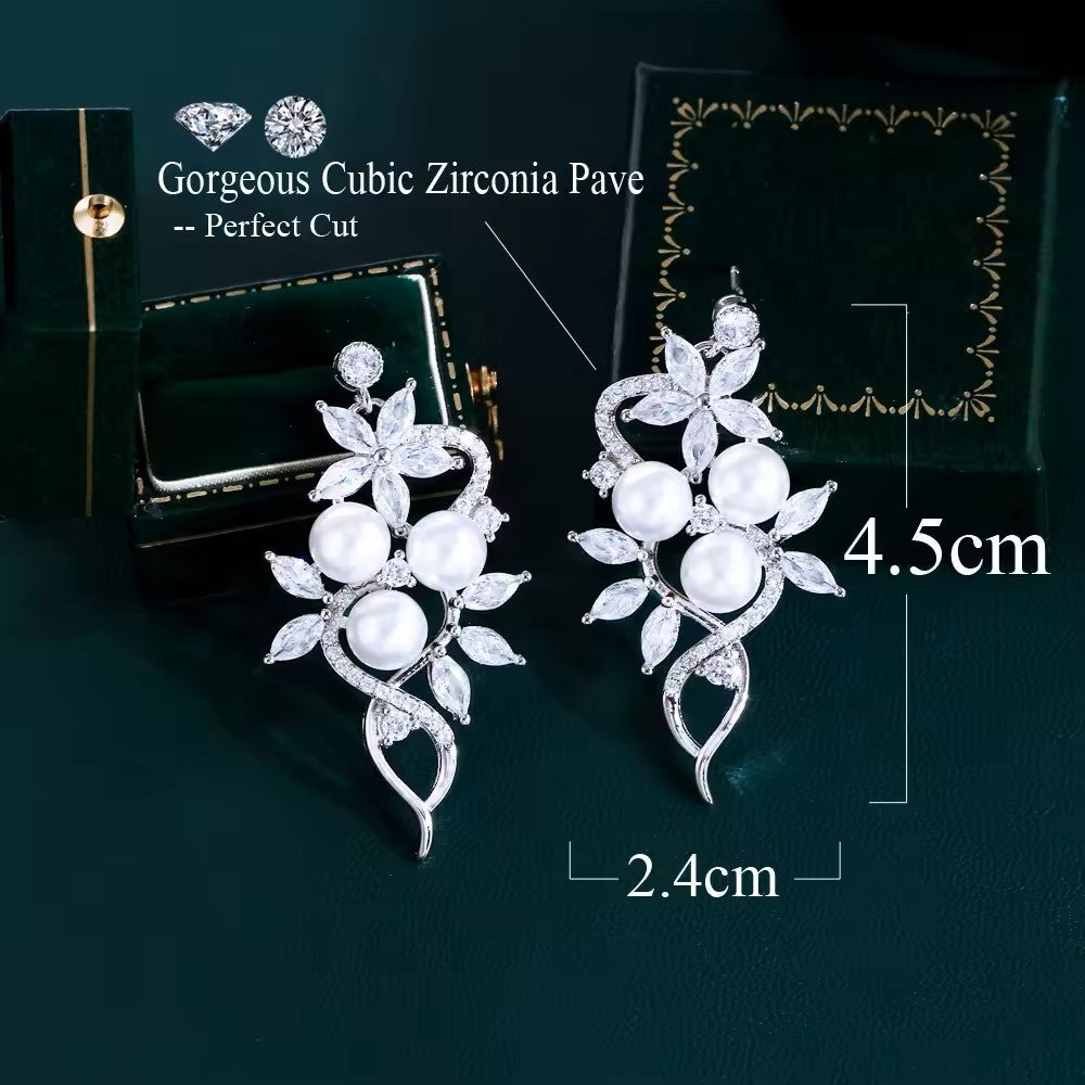 Round Pearl and Marquise Diamond (lab-created) Flower Trellis Earrings