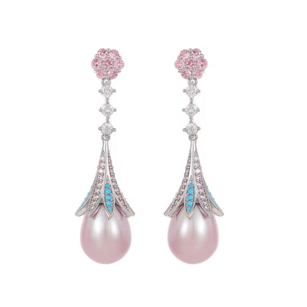 Lavender/Pink Pearl Drop with lab-created Pave Gem Earrings