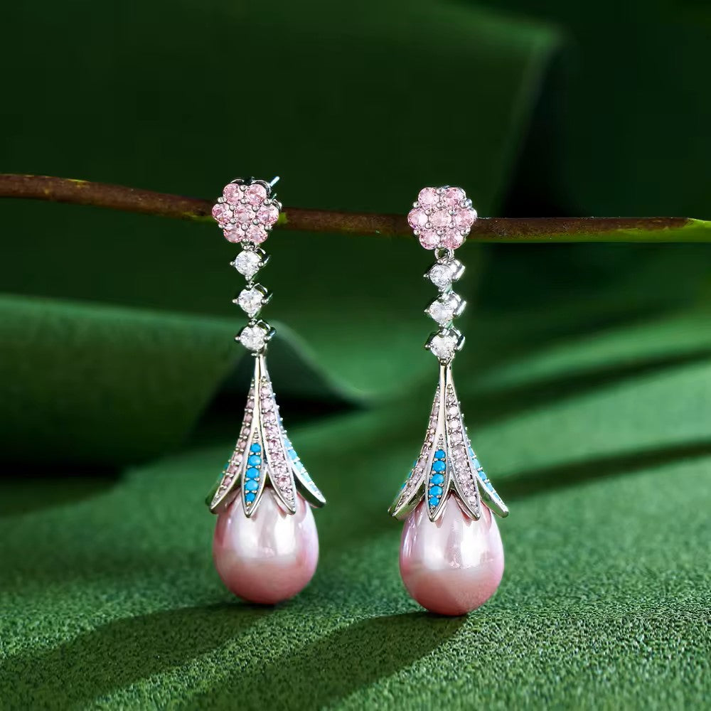 Lavender/Pink Pearl Drop with lab-created Pave Gem Earrings