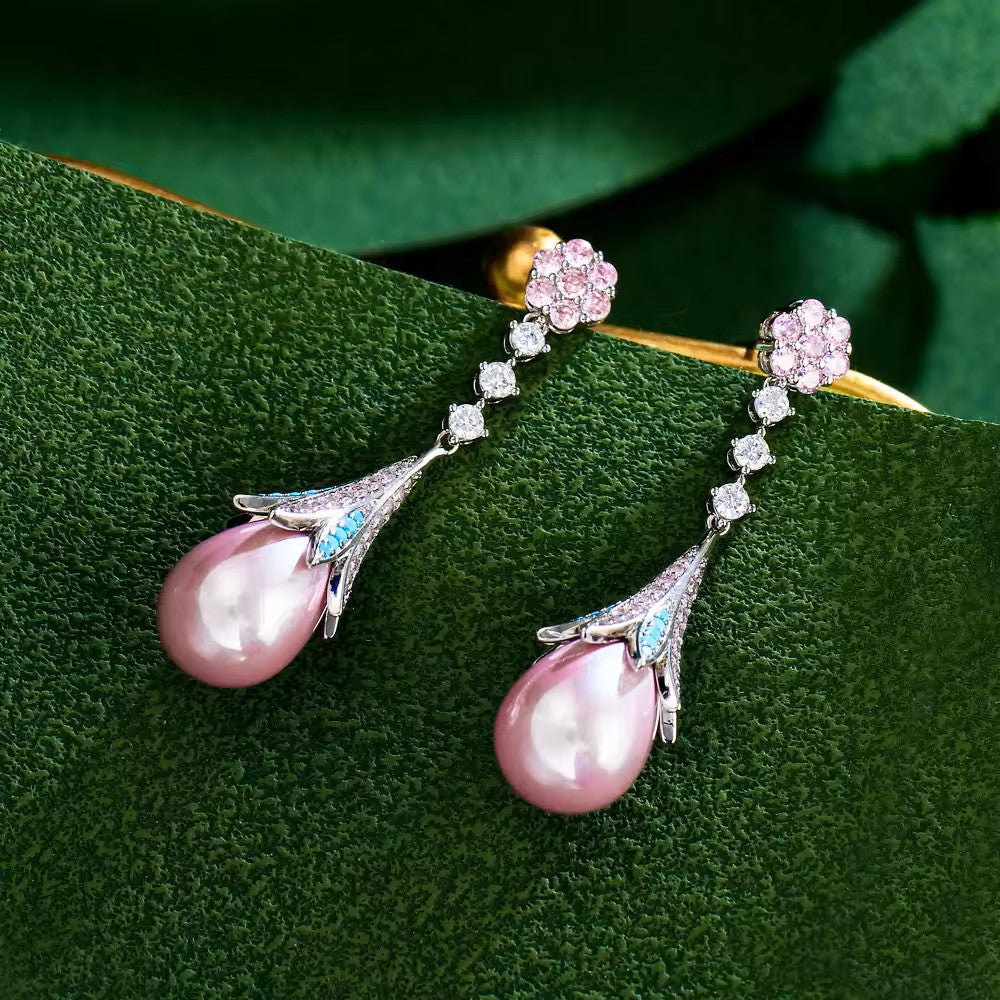 Lavender/Pink Pearl Drop with lab-created Pave Gem Earrings