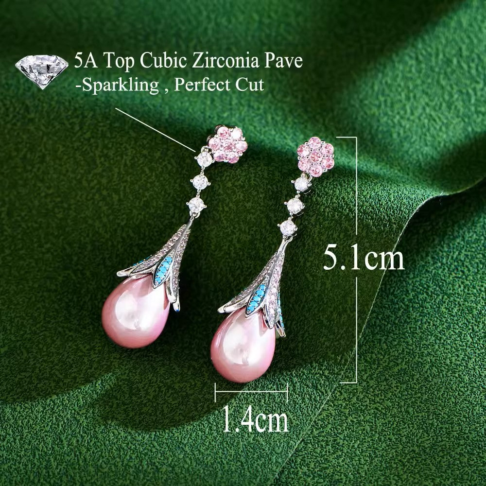 Lavender/Pink Pearl Drop with lab-created Pave Gem Earrings