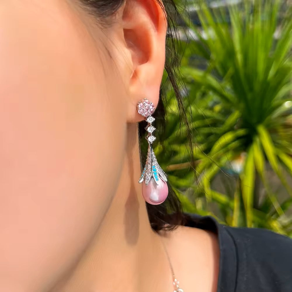 Lavender/Pink Pearl Drop with lab-created Pave Gem Earrings