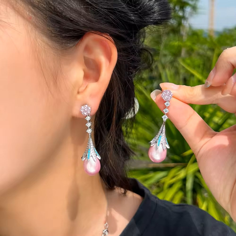 Lavender/Pink Pearl Drop with lab-created Pave Gem Earrings