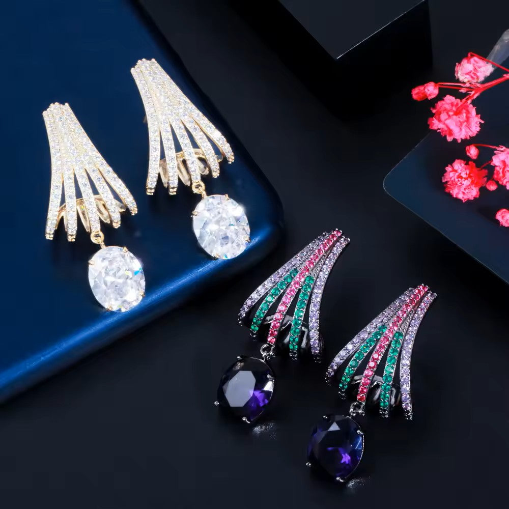 Half Shell Earrings with lab-created Pave and Oval Gemstone Earrings