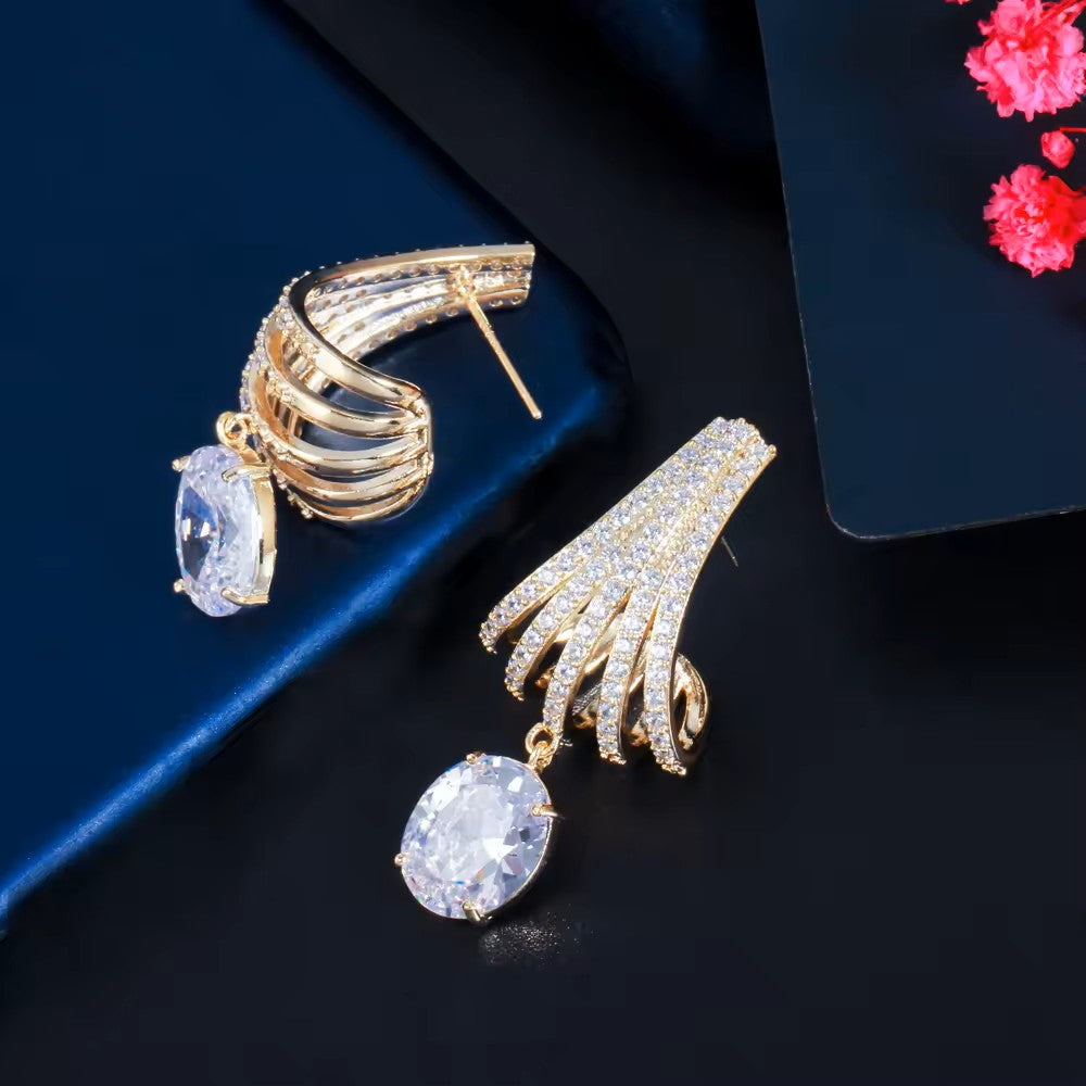 Half Shell Earrings with lab-created Pave and Oval Gemstone Earrings