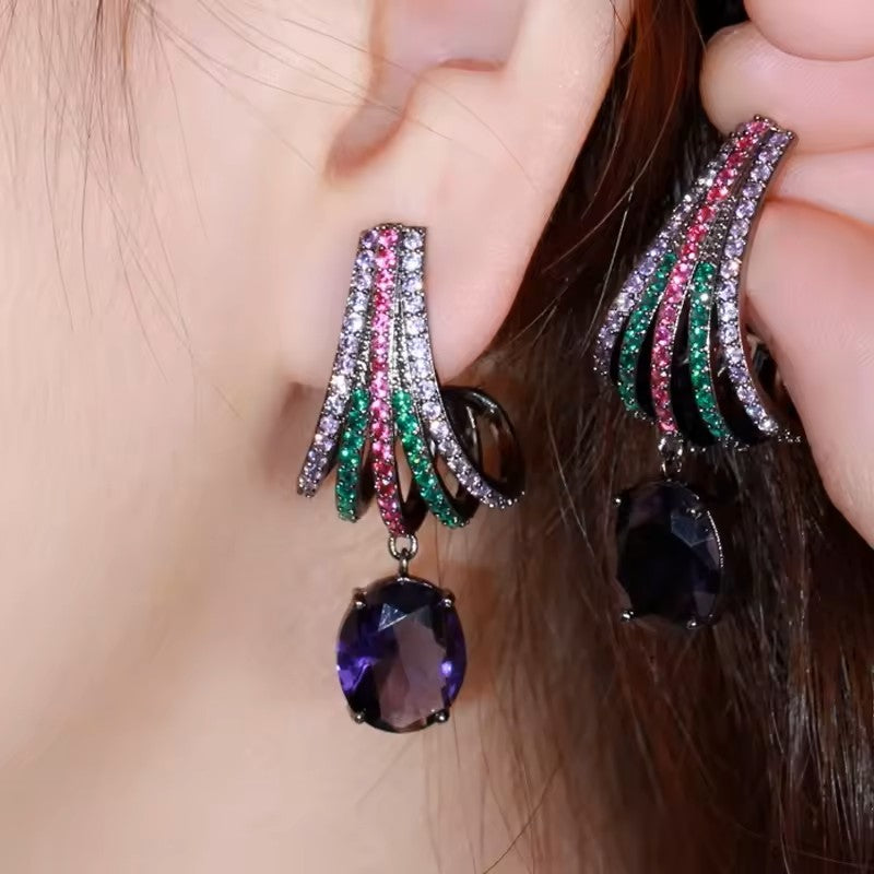 Half Shell Earrings with lab-created Pave and Oval Gemstone Earrings