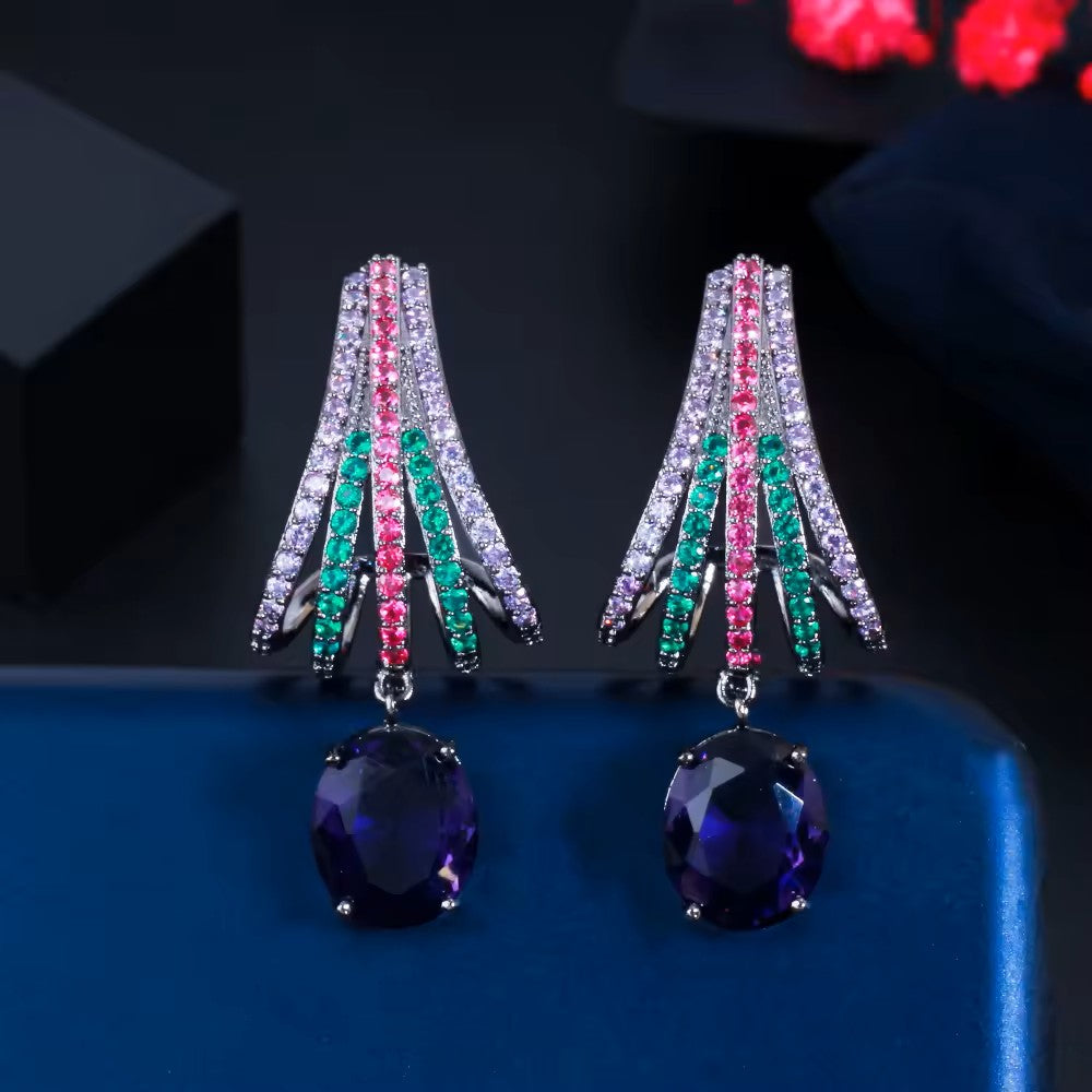 Half Shell Earrings with lab-created Pave and Oval Gemstone Earrings