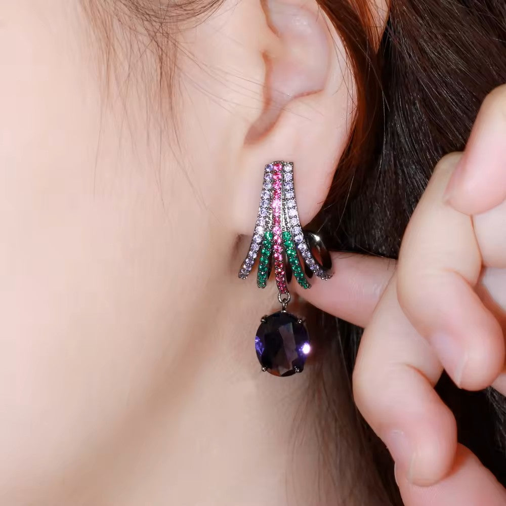 Half Shell Earrings with lab-created Pave and Oval Gemstone Earrings