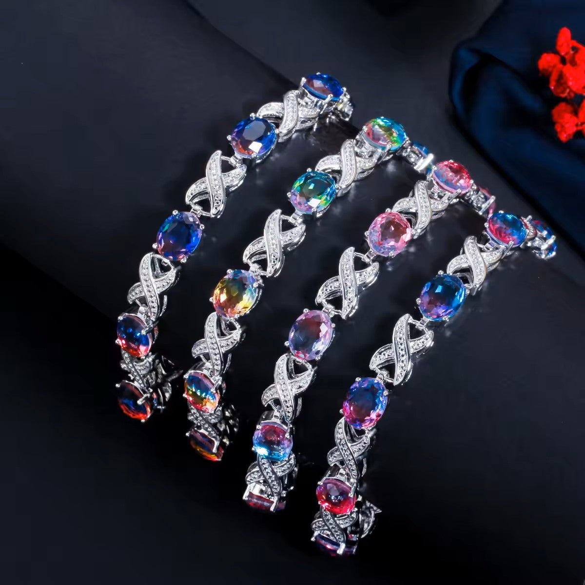 Oval lab-created Mystic Topaz XOXO White Gold-Plated Link Bracelet