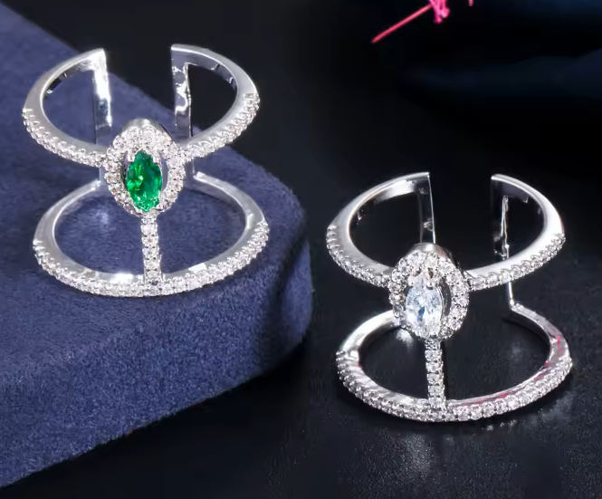 Double Band lab-created Diamond Pave Ring with Marquise Accent (Adjustable)