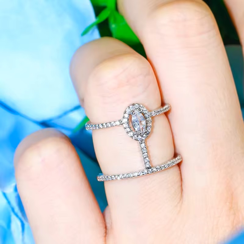 Double Band lab-created Diamond Pave Ring with Marquise Accent (Adjustable)