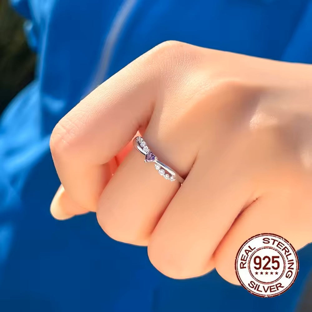 .925 Sterling lab-created Amethyst Heart and Diamond Pave Ring