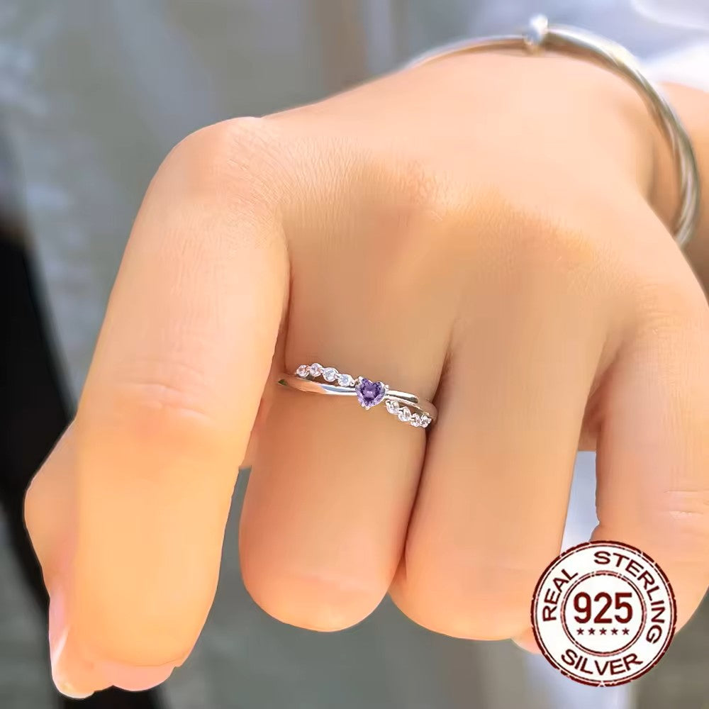 .925 Sterling lab-created Amethyst Heart and Diamond Pave Ring