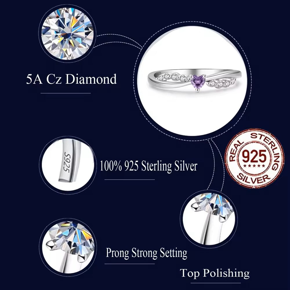 .925 Sterling lab-created Amethyst Heart and Diamond Pave Ring
