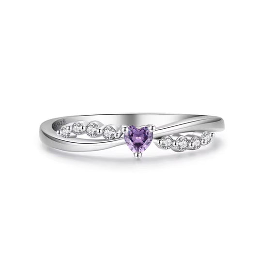 .925 Sterling lab-created Amethyst Heart and Diamond Pave Ring
