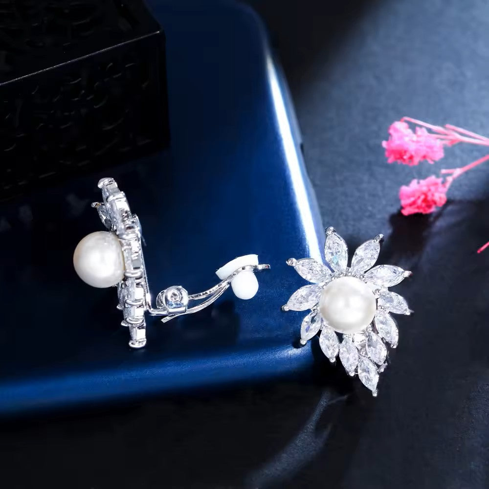 Round Pearl and Marquise Diamond (lab-created) Flower Clip-On Earrings
