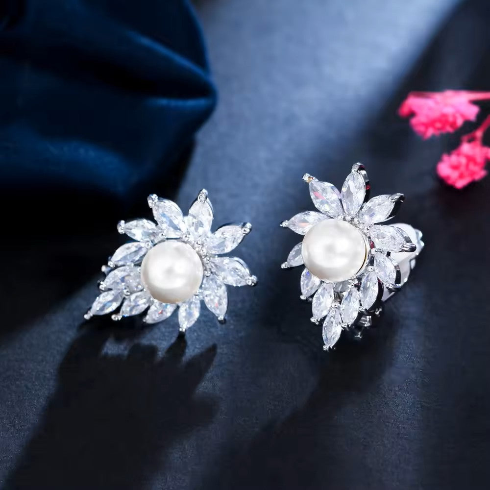Round Pearl and Marquise Diamond (lab-created) Flower Clip-On Earrings