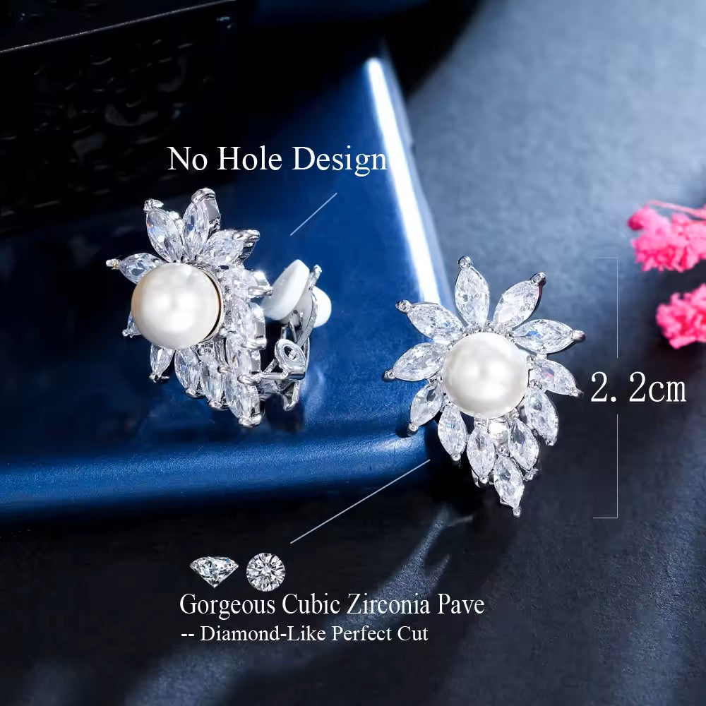 Round Pearl and Marquise Diamond (lab-created) Flower Clip-On Earrings