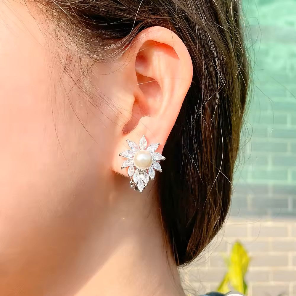 Round Pearl and Marquise Diamond (lab-created) Flower Clip-On Earrings