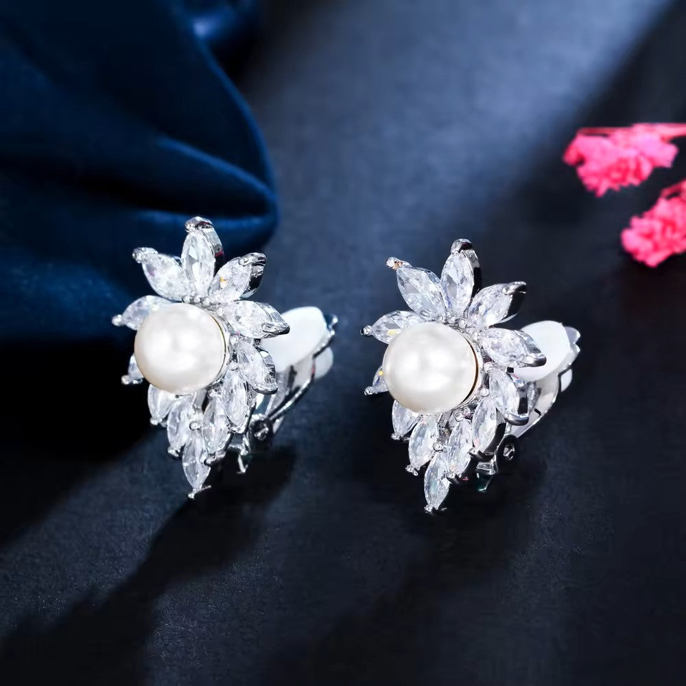 Round Pearl and Marquise Diamond (lab-created) Flower Clip-On Earrings