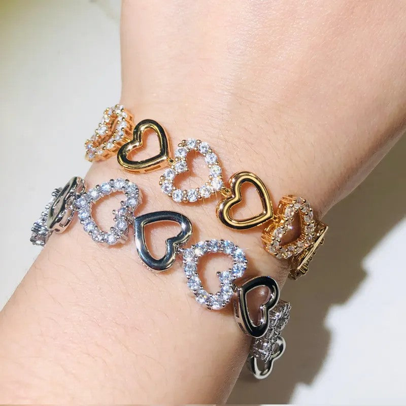 Heart Link Bracelet with lab-created Diamonds in White or Yellow Gold Plate