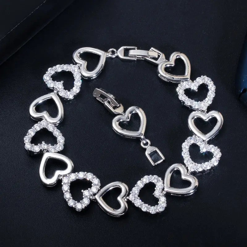 Heart Link Bracelet with lab-created Diamonds in White or Yellow Gold Plate