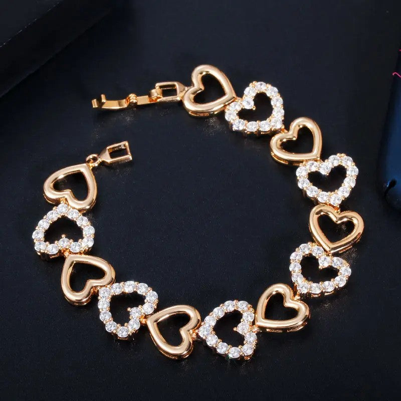 Heart Link Bracelet with lab-created Diamonds in White or Yellow Gold Plate