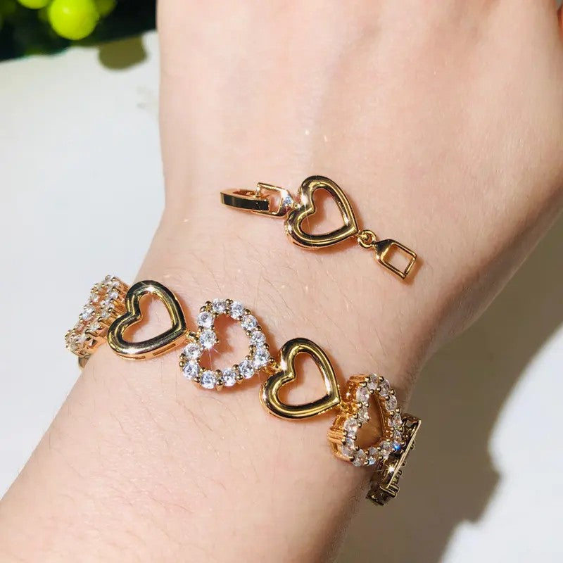 Heart Link Bracelet with lab-created Diamonds in White or Yellow Gold Plate