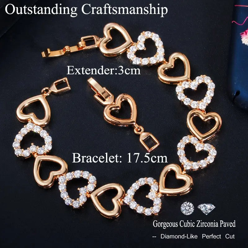 Heart Link Bracelet with lab-created Diamonds in White or Yellow Gold Plate