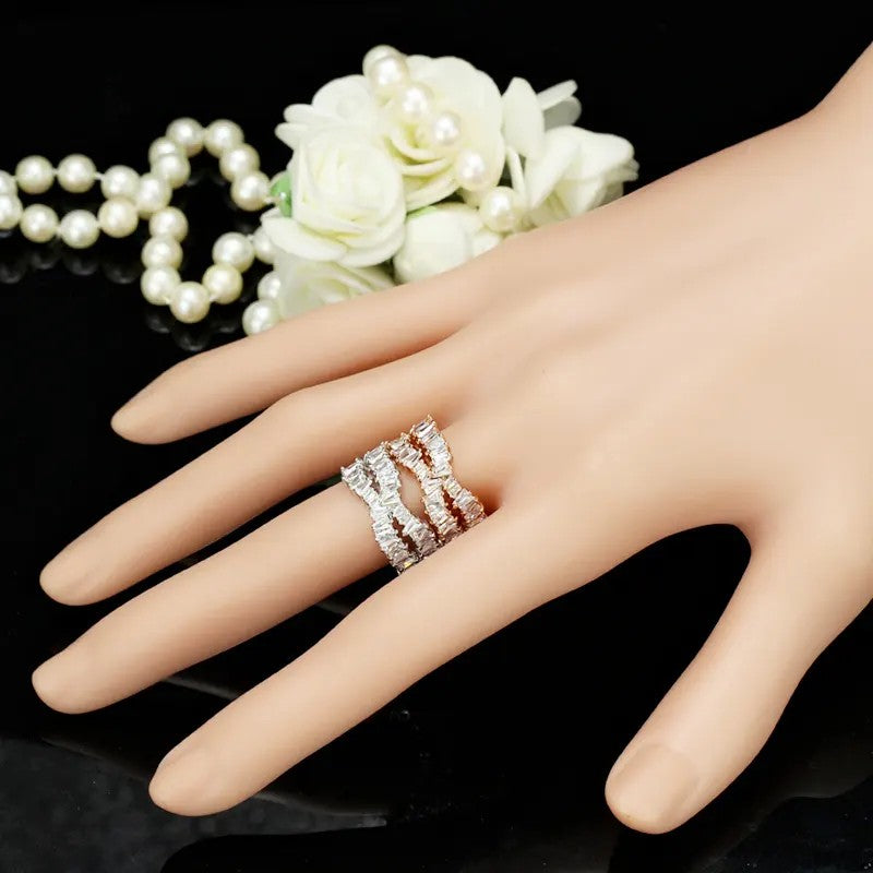 Trapezoid lab-created Baguette Diamond Band Ring in White or Rose Gold Plate
