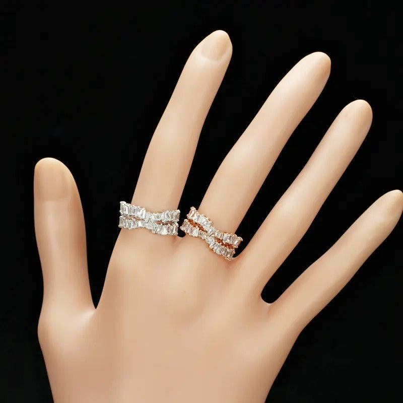 Trapezoid lab-created Baguette Diamond Band Ring in White or Rose Gold Plate