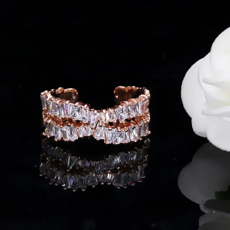 Trapezoid lab-created Baguette Diamond Band Ring in White or Rose Gold Plate