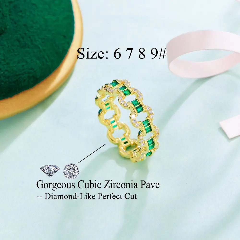 Gold-plated Cubic Zirconia Emerald and Diamond Loop Ring