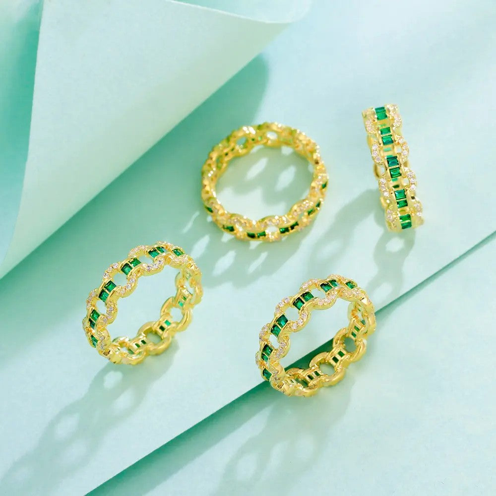 Gold-plated Cubic Zirconia Emerald and Diamond Loop Ring