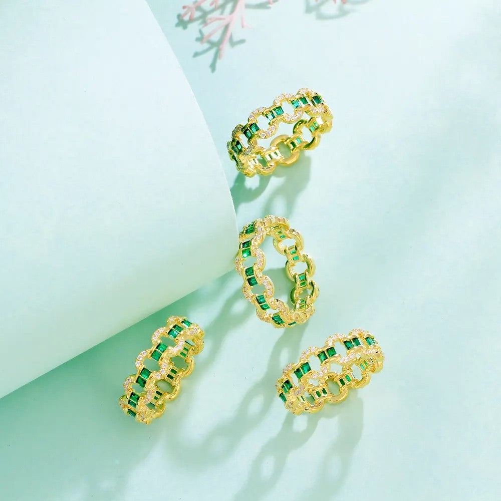 Gold-plated Cubic Zirconia Emerald and Diamond Loop Ring