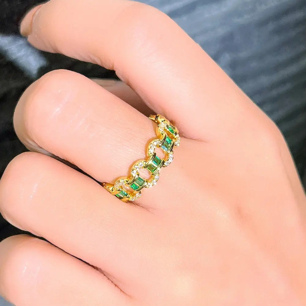 Gold-plated Cubic Zirconia Emerald and Diamond Loop Ring