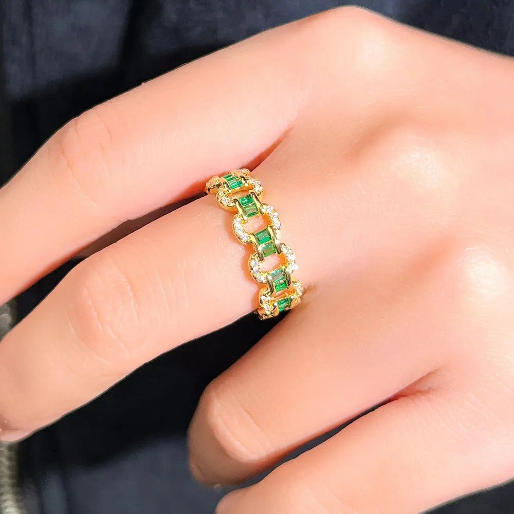 Gold-plated Cubic Zirconia Emerald and Diamond Loop Ring