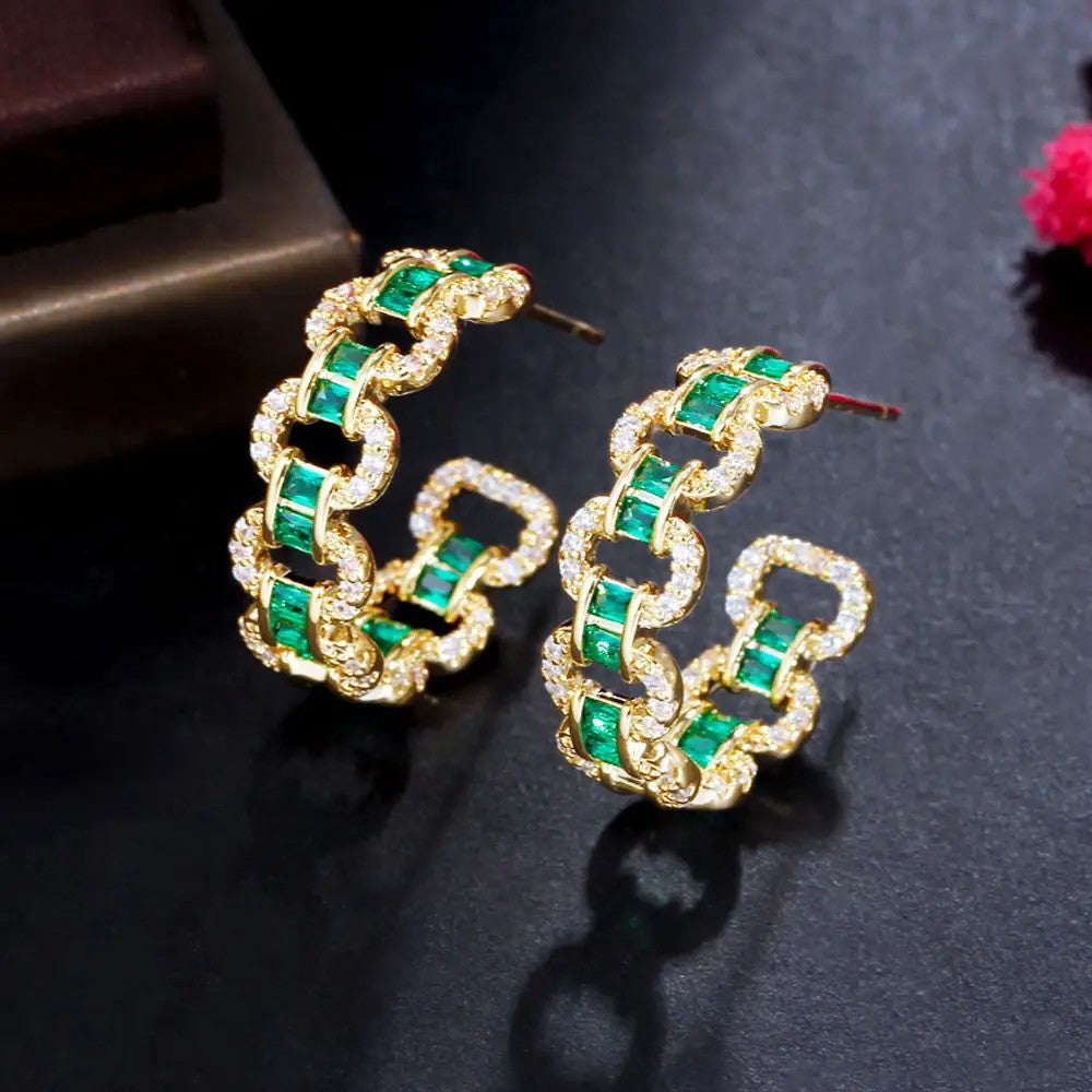 Gold-plated Cubic Zirconia Emerald and Diamond Hoop Earrings