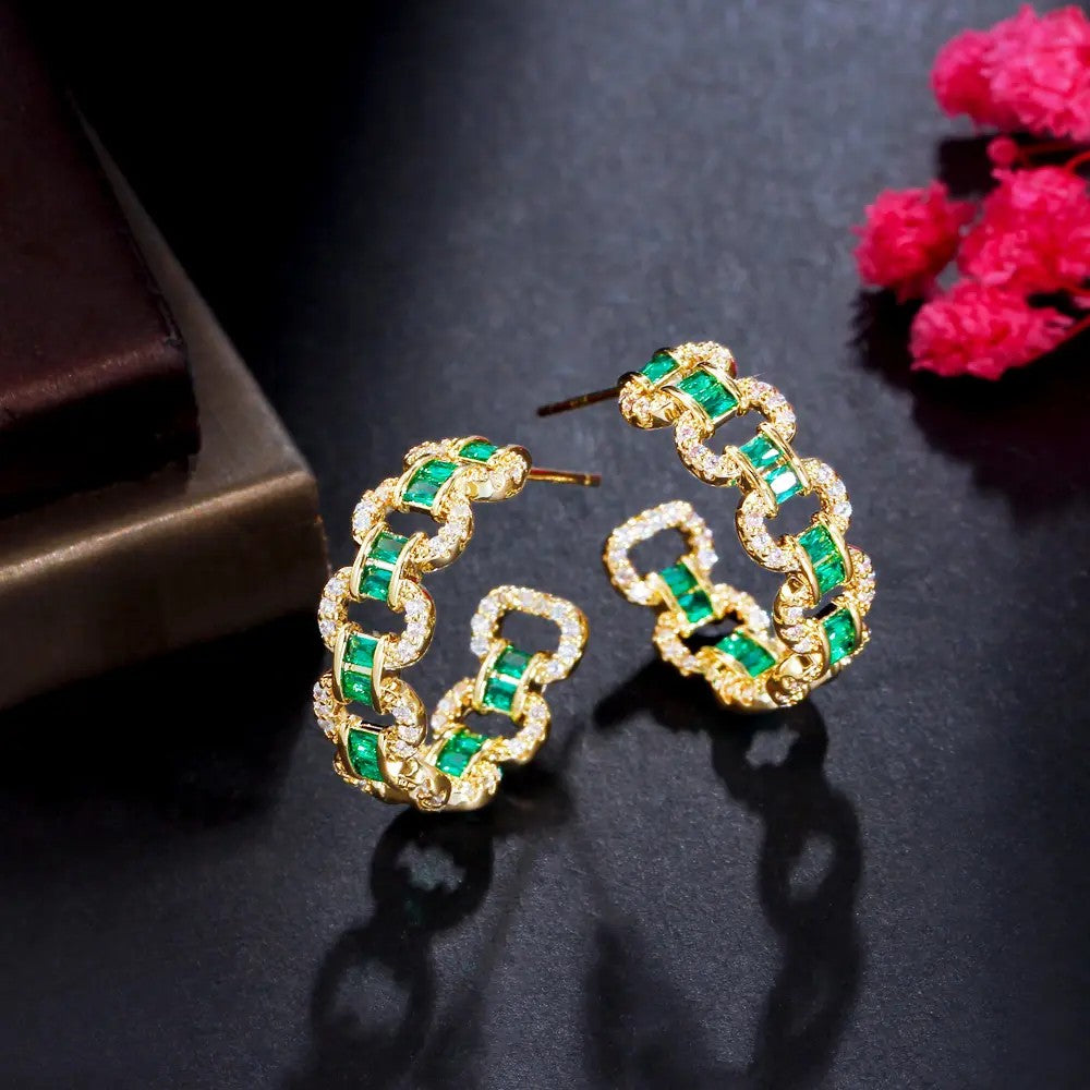 Gold-plated Cubic Zirconia Emerald and Diamond Hoop Earrings