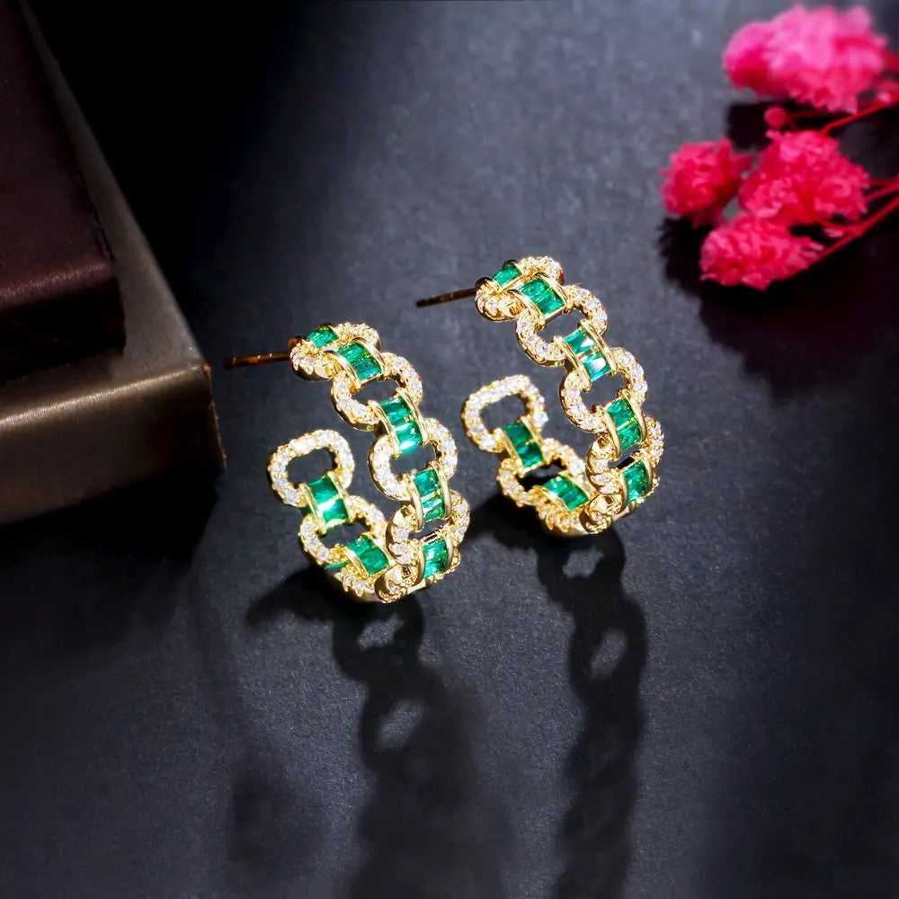 Gold-plated Cubic Zirconia Emerald and Diamond Hoop Earrings