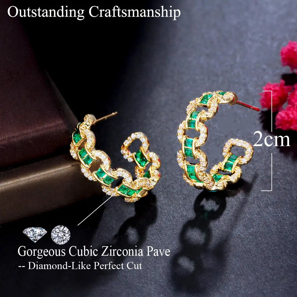 Gold-plated Cubic Zirconia Emerald and Diamond Hoop Earrings